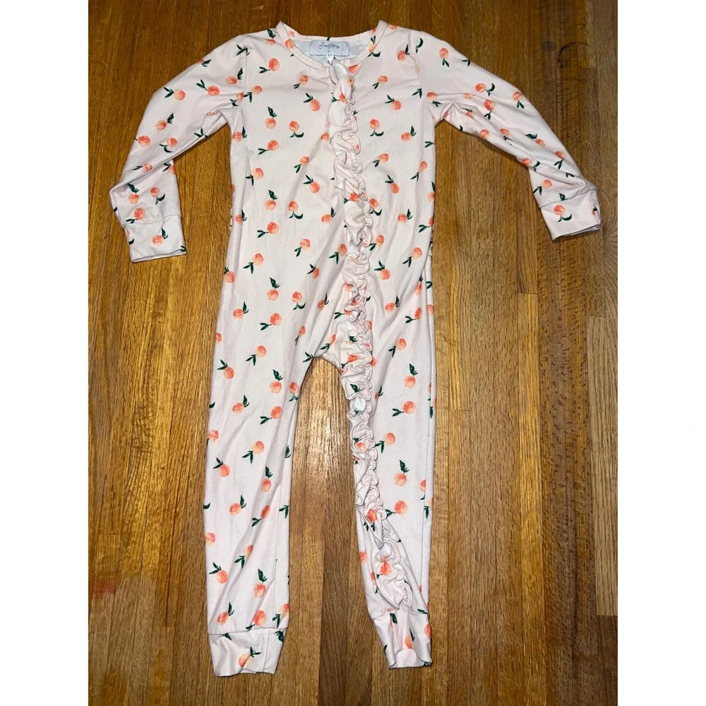 SweetHoney Girls 3T Pink Peach Print Ruffle Long Sleeve One Piece Zipper Romper